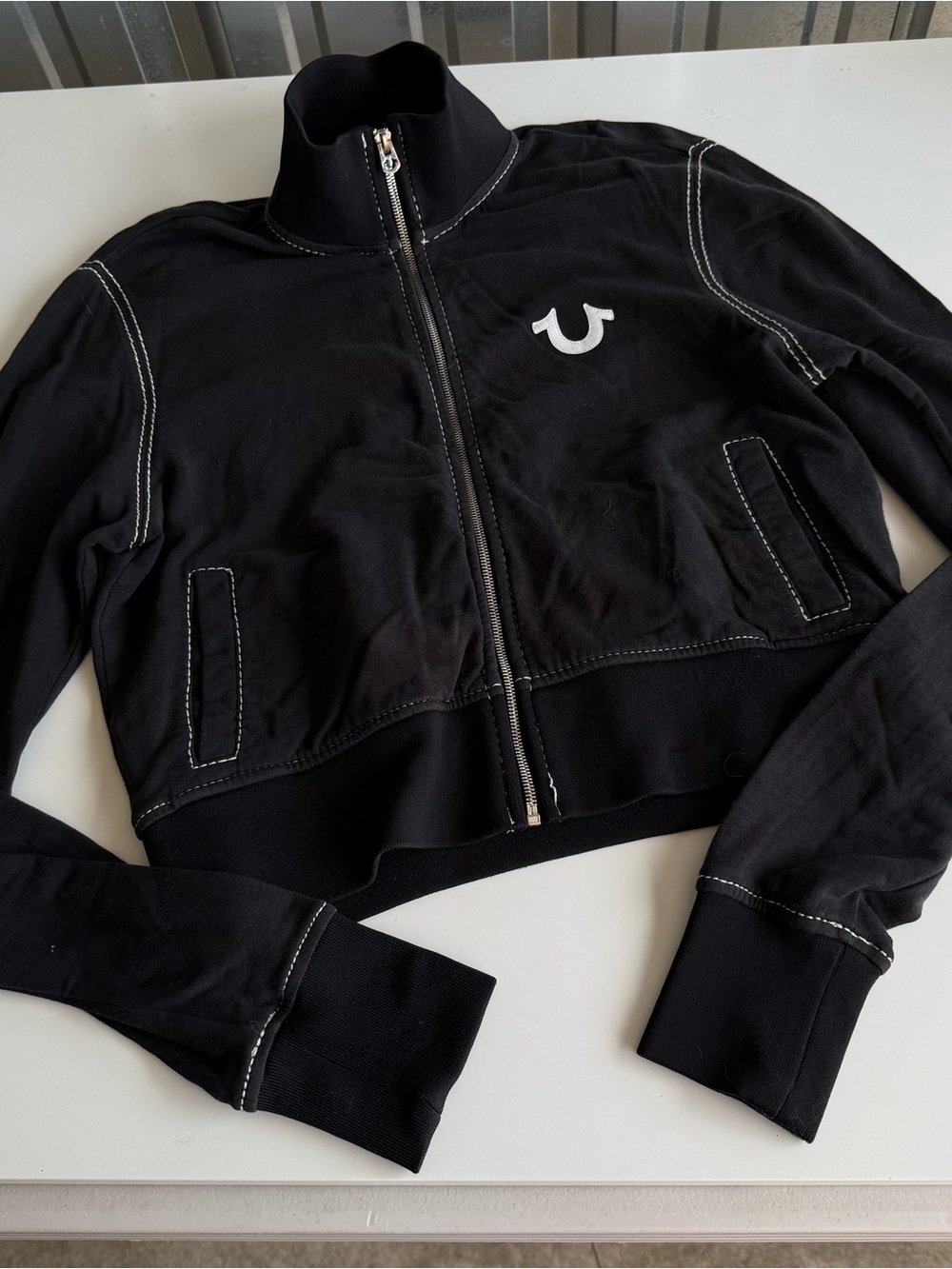 Y2K True Religion Cropped Track Jacket Black Zip Up Logo Large